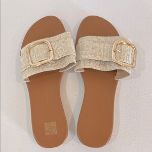 Beige Fabric Sandals with Gold Buckle